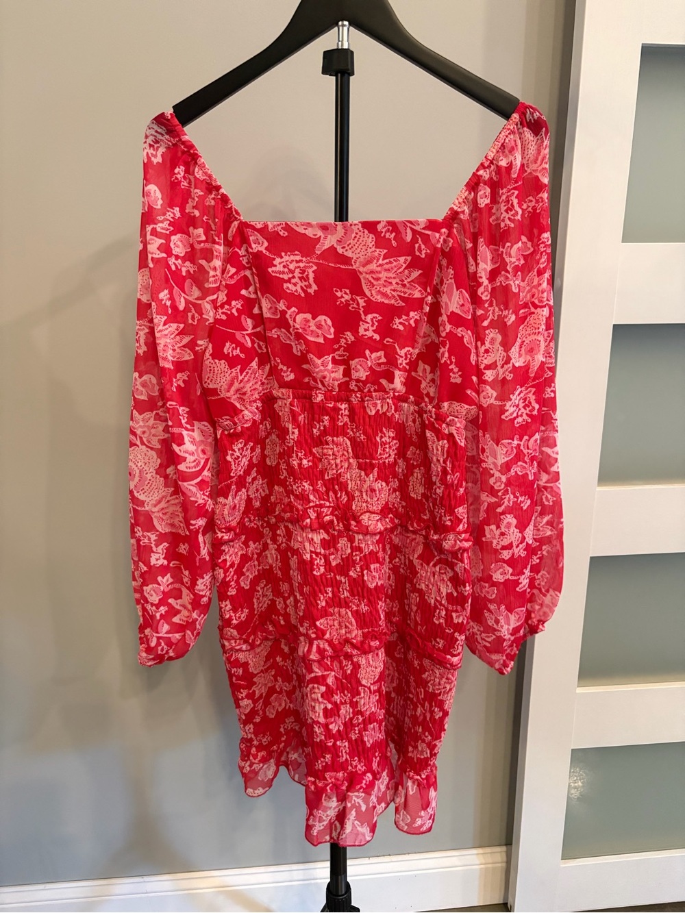 Red Floral Smocked Off-Shoulder Dress